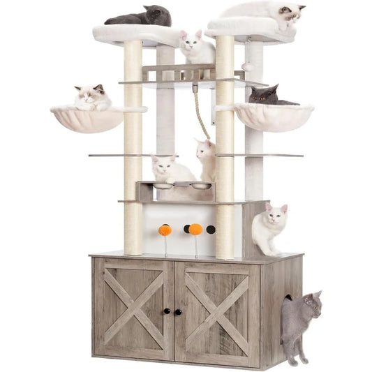 Cat Tree for Maine Coon with Litter Box Enclosure, 72-inch Wooden Cat Tower for Indoor Cats Large Adult, Big Condo