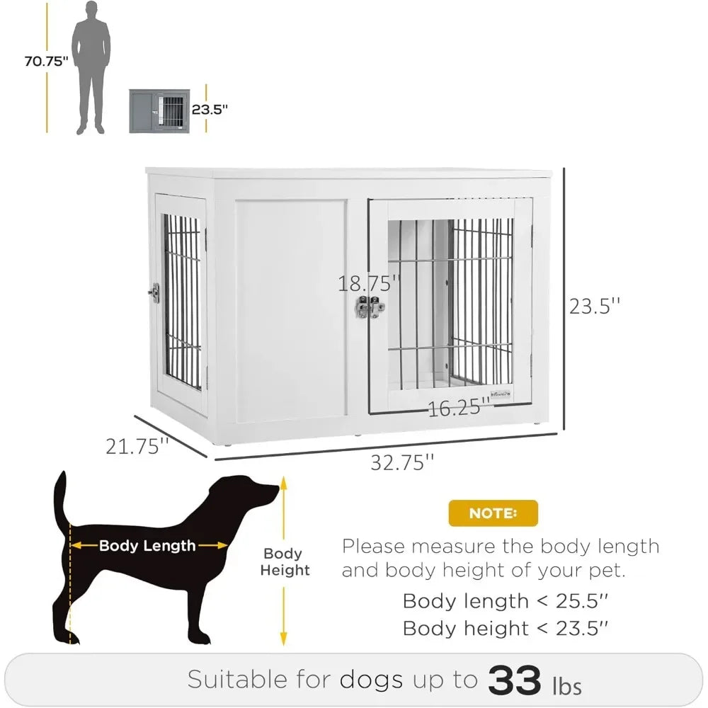 Dog Crate Furniture Wire Indoor Pet Kennel Cage, End Table with Double Doors, Locks for Small and Medium Dog House, White