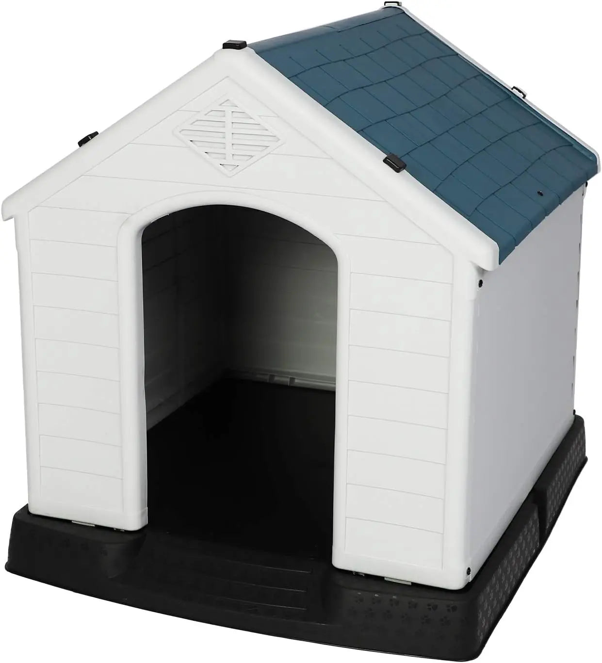 Plastic Outdoor Dog House for Pet Weatherproof Kennel Small to Large Size,Blue & White (L-35.5" L x 37.5" W x 39”H)