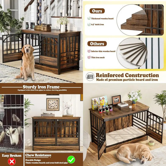 52 Inch Dog Crate Furniture, Extra Large Dog Kennel Indoor for XLarge Breed, Heavy Duty Dog Cage with Double Elegant Arched Doo