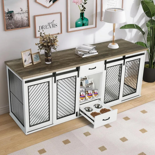 Extra Large Dog Crate Furniture, 85" Sliding Door Double Kennel for 2 Large Dogs Divided, Heavy Duty Wooden Dog Crate Kennel Fur
