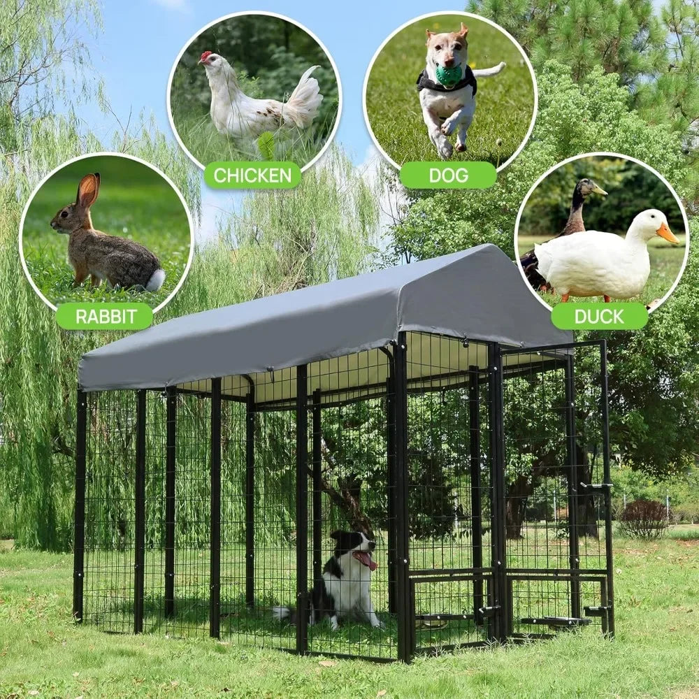 Dog Kennel Outdoor with Roof and Rotating Bowl Holders, Large Metal Dog Enclosure, Heavy Duty Dog House Built
