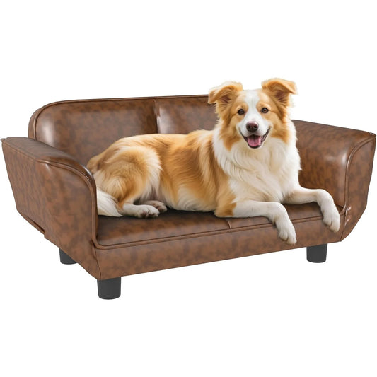 Pet Sofa Dog Bed Couch, Foldable Cat Lounger PU Lear Cover for Medium & Large Sized Animals, 39" x 21.75" x 17.75", Ex