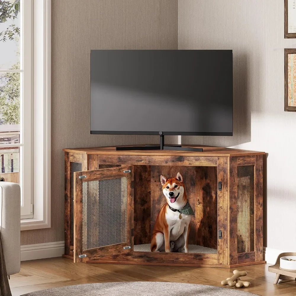 Corner Dog Crate Furniture, Wooden Dog Kennel End Table, Decorative Pet Crate Indoor Use,Dog House for Small Medium Dog
