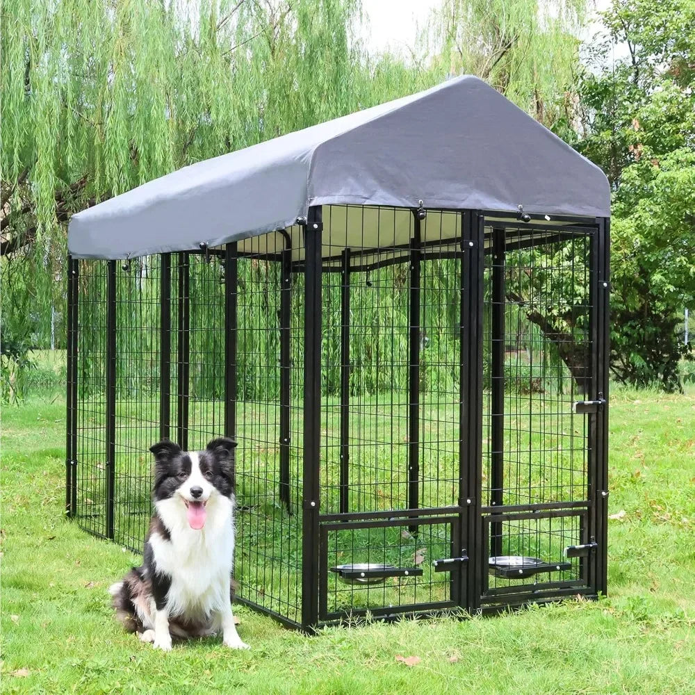 Dog Kennel Outdoor with Roof and Rotating Bowl Holders, Large Metal Dog Enclosure, Heavy Duty Dog House Built