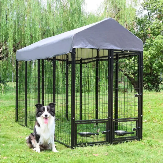 Dog Kennel Outdoor with Roof and Rotating Bowl Holders, Large Metal Dog Enclosure, Heavy Duty Dog House Built