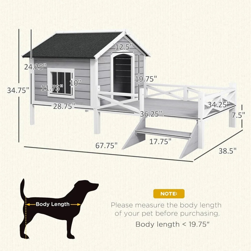 Outdoor Dog House with Porch, Wooden Dog Kennel with Water-Resistant Asphalt Roof, Ladders, Fencing,Window,for and Medium Dog