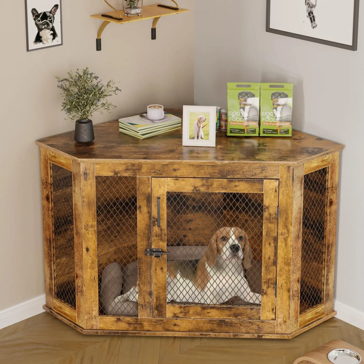 44inch Corner Dog Crate Furniture,Wooden Dog Kennel Furniture with Mesh,Decorative Wood Dog House for Indoor use