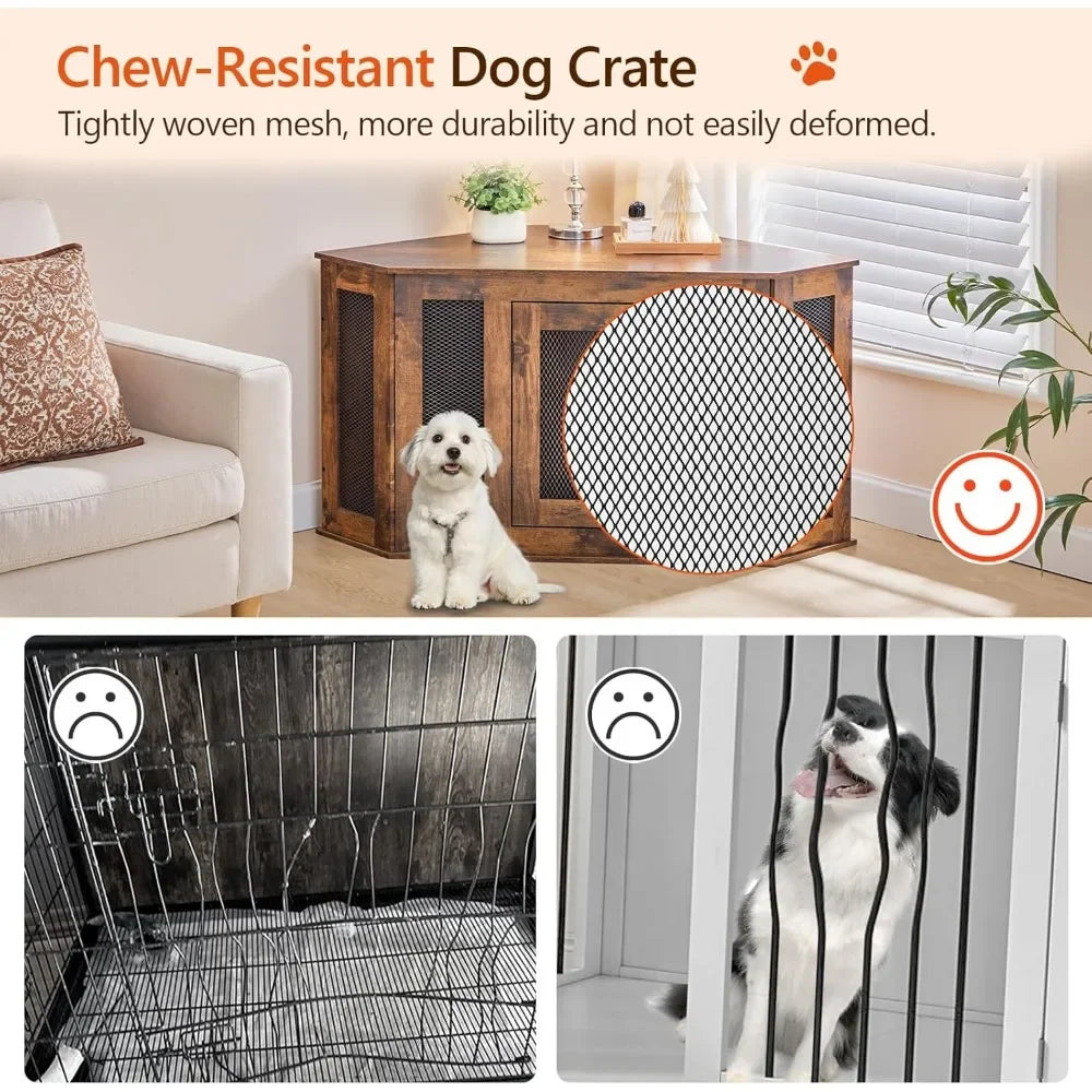 Corner Dog Crate Furniture, Wooden Dog Kennel End Table, Decorative Pet Crate Indoor Use,Dog House for Small Medium Dog