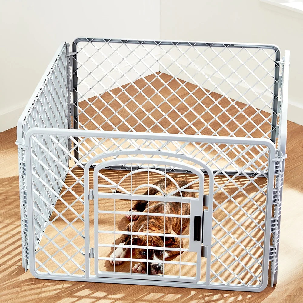 4 Panel Dog Playpen with Door Indoor Outdoor Plastic Pet Fence Lightweight Portable Exercise Pen Puppies and Small Dogs