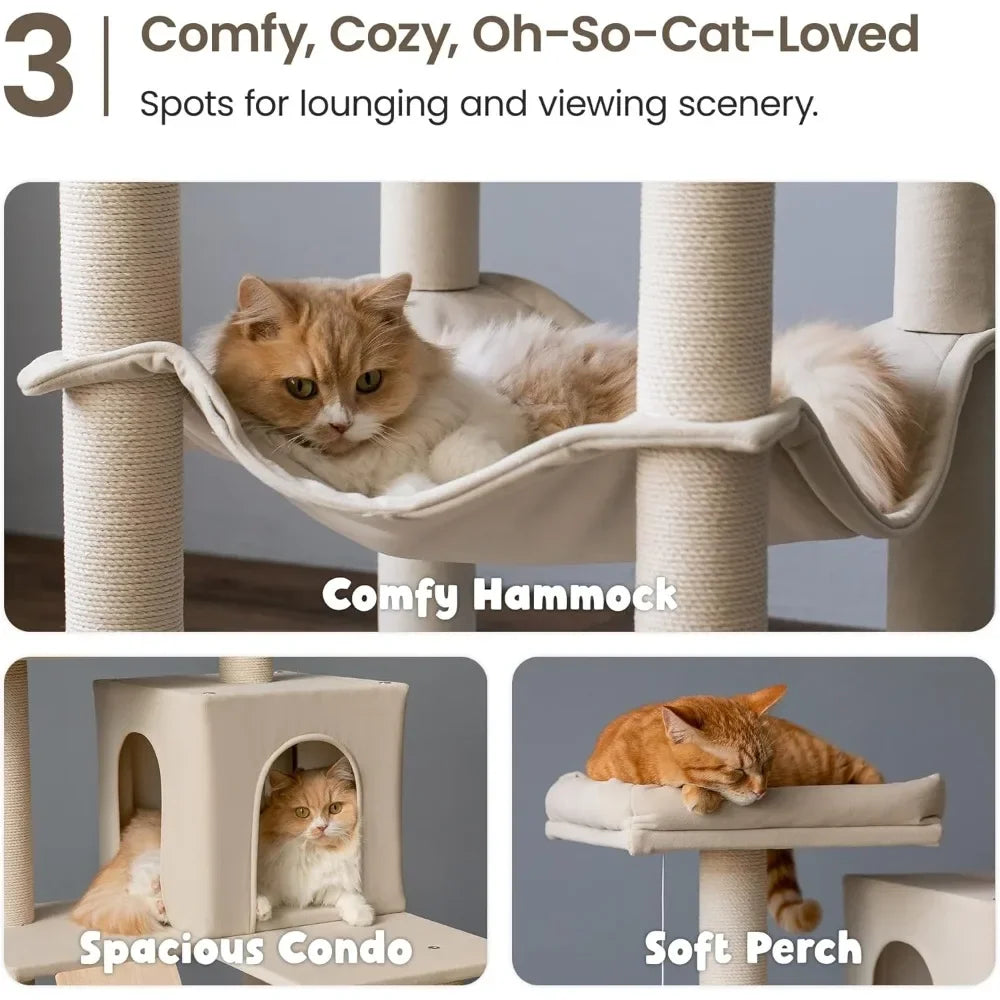 Large Modern Cat Tree, 70.1-Inch Wood Cat Tower for Indoor Cats, Multi-Level Kitty Condo with 2 Plush Perches, Hammock & Scratch