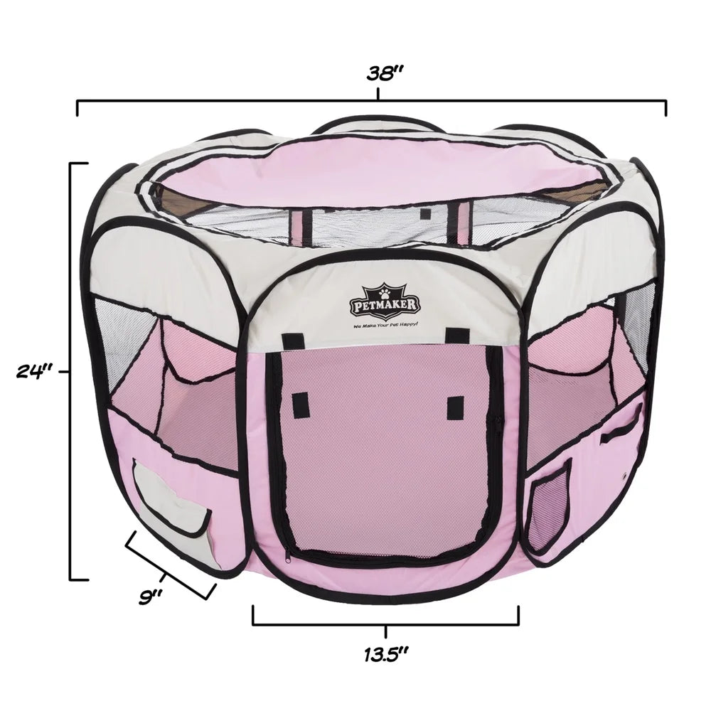 Pop-Up Pet Playpen Indoor Outdoor Dog Cat Kennel with Carry Bag Mesh Windows Storage Pockets Easy Access Doors 25lbs