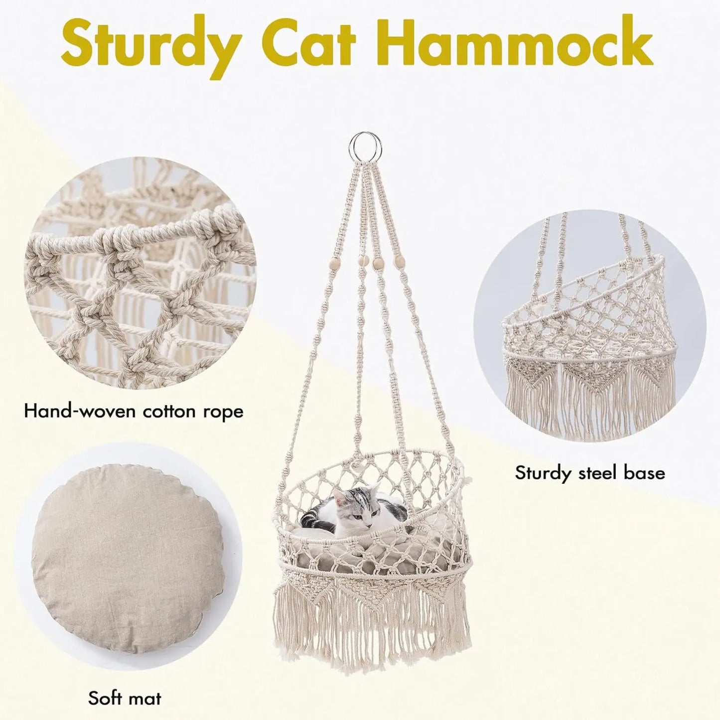 Mewoofun Macrame Cat Hammock Hanging Cat Bed Hammock Cat Swing Boho Cat Swing Bed for Sleeping Playing Climbing and Lounging