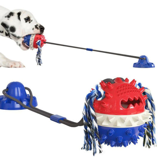 Dog Chew Molar Toy with Double Suction Cup Pet Aggressive Chewers Bite Interactive Squeaky Ball Toys