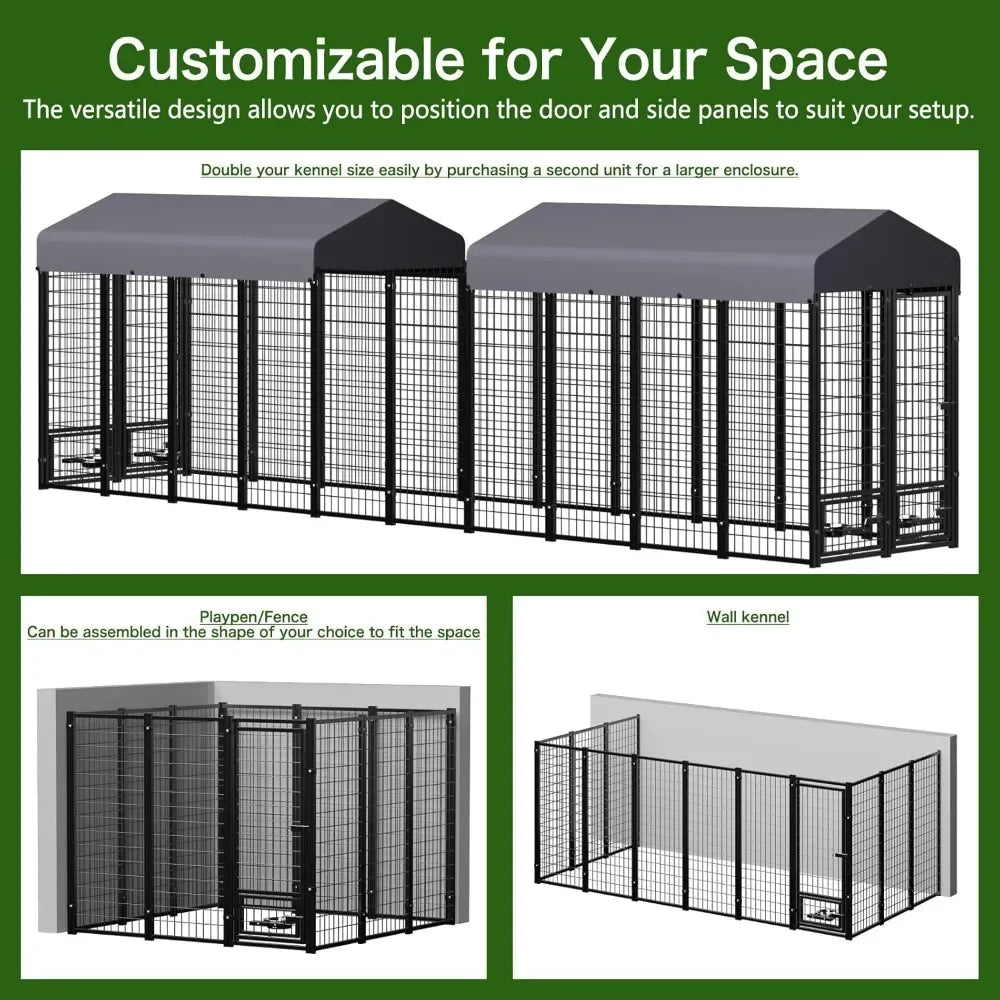 Dog Kennel Outdoor with Roof and Rotating Bowl Holders, Large Metal Dog Enclosure, Heavy Duty Dog House Built