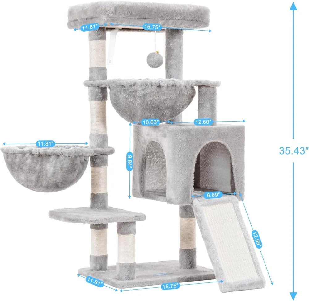 Cat Tower for Indoor Cats, Cat House with Large Padded Bed, Cozy Condo, Hammocks
