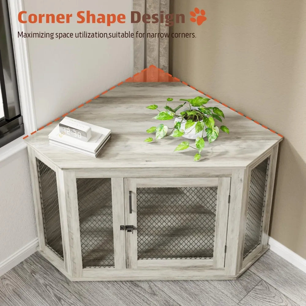 44inch Corner Dog Crate Furniture,Wooden Dog Kennel Furniture with Mesh,Decorative Wood Dog House for Indoor use