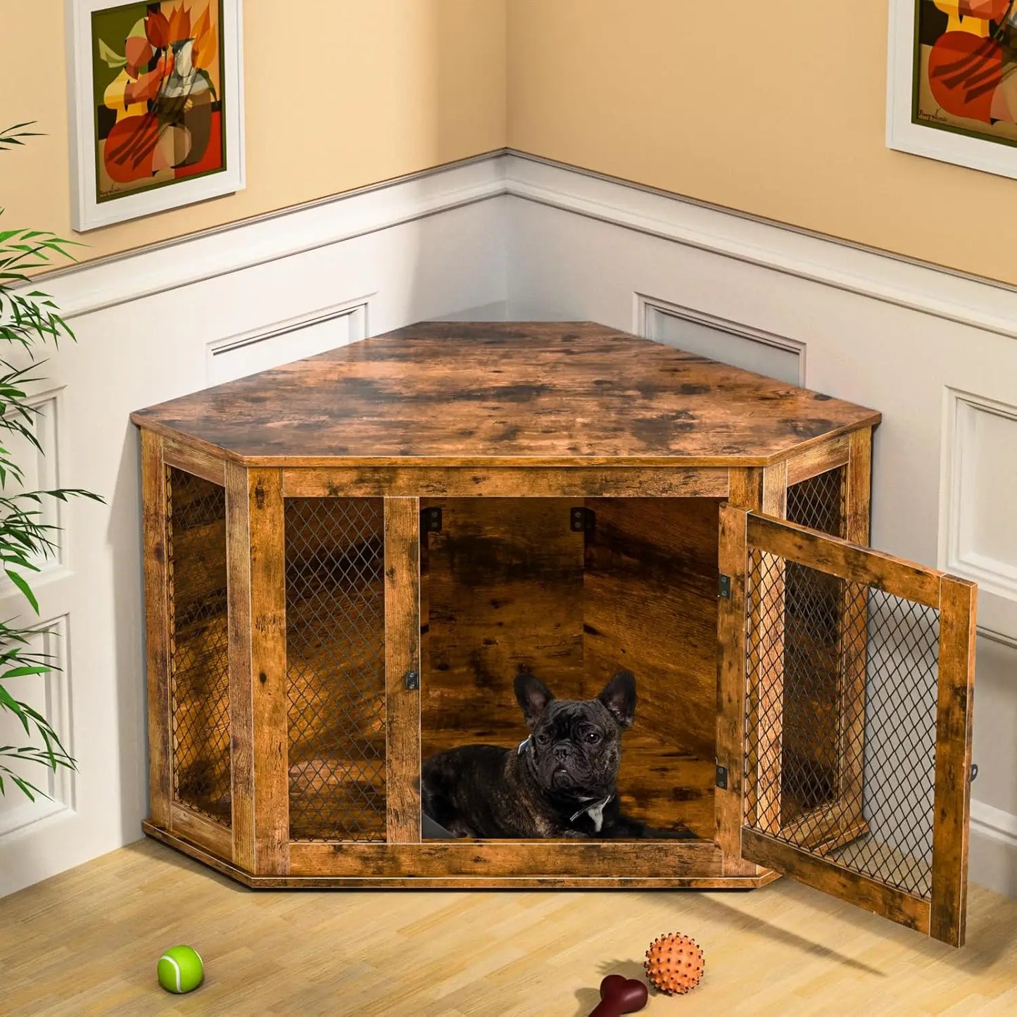 Coner Dog Crate Furniture, 52" Wooden Dog Kennel Furniture End Table with Mesh, Dog Kennel Indoor Furniture for Small Medium