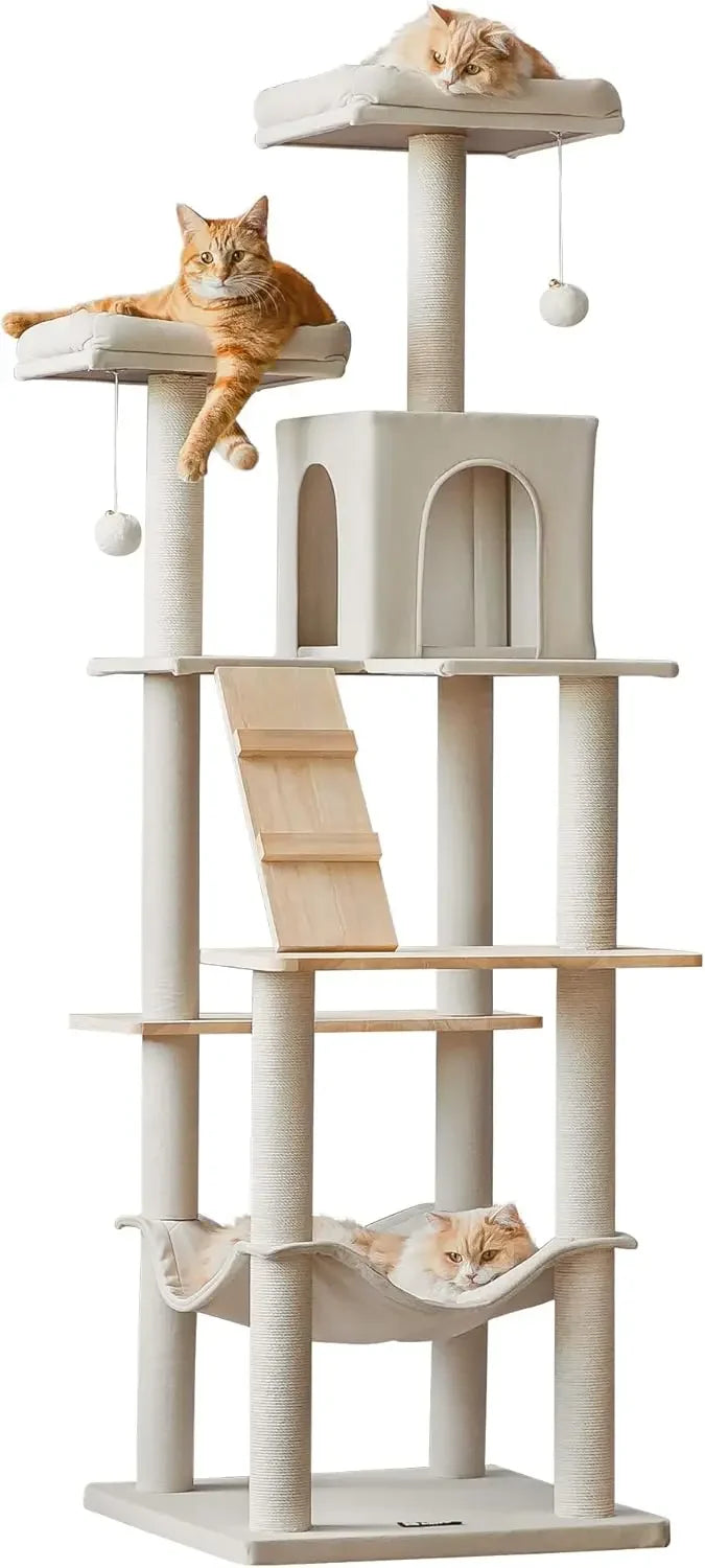 Large Modern Cat Tree, 70.1-Inch Wood Cat Tower for Indoor Cats, Multi-Level Kitty Condo with 2 Plush Perches, Hammock & Scratch