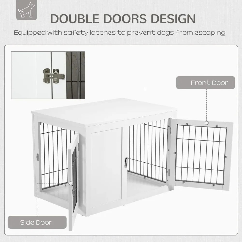 Dog Crate Furniture Wire Indoor Pet Kennel Cage, End Table with Double Doors, Locks for Small and Medium Dog House, White