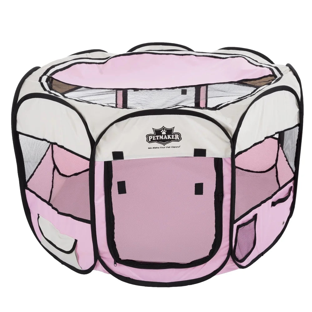 Pop-Up Pet Playpen Indoor Outdoor Dog Cat Kennel with Carry Bag Mesh Windows Storage Pockets Easy Access Doors 25lbs
