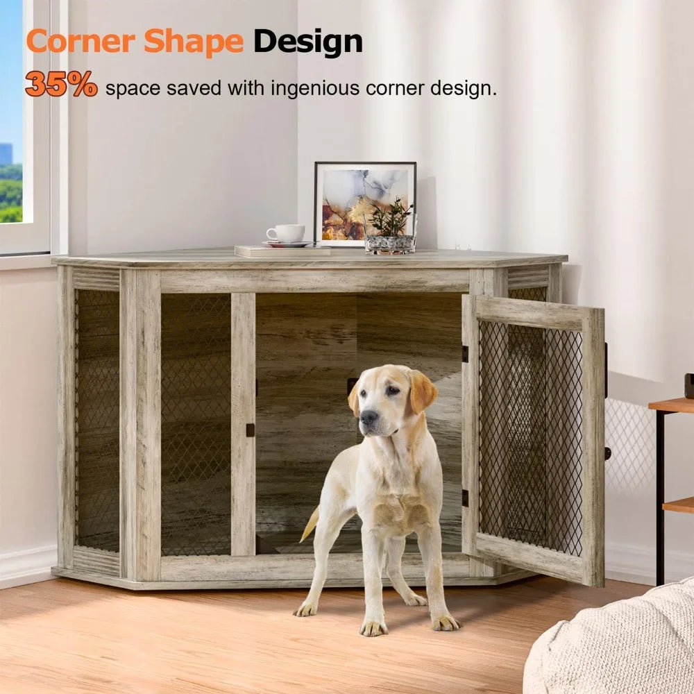 Coner Dog Crate Furniture, 52" Wooden Dog Kennel Furniture End Table with Mesh, Dog Kennel Indoor Furniture for Small Medium