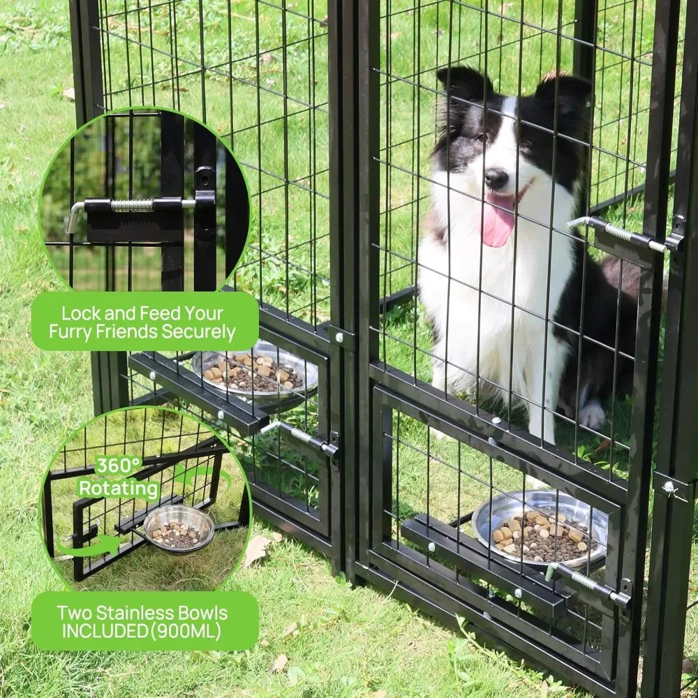 Dog Kennel Outdoor with Roof and Rotating Bowl Holders, Large Metal Dog Enclosure, Heavy Duty Dog House Built