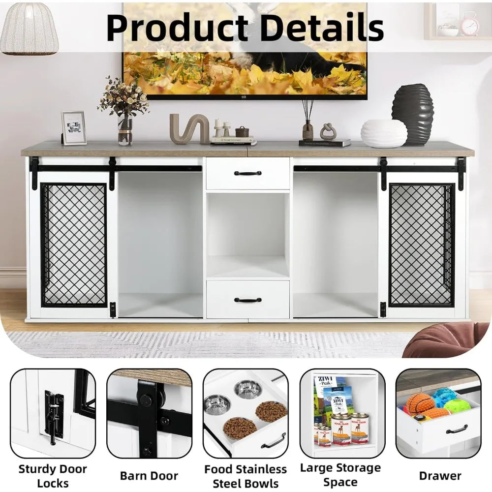 Extra Large Dog Crate Furniture, 85" Sliding Door Double Kennel for 2 Large Dogs Divided, Heavy Duty Wooden Dog Crate Kennel Fur