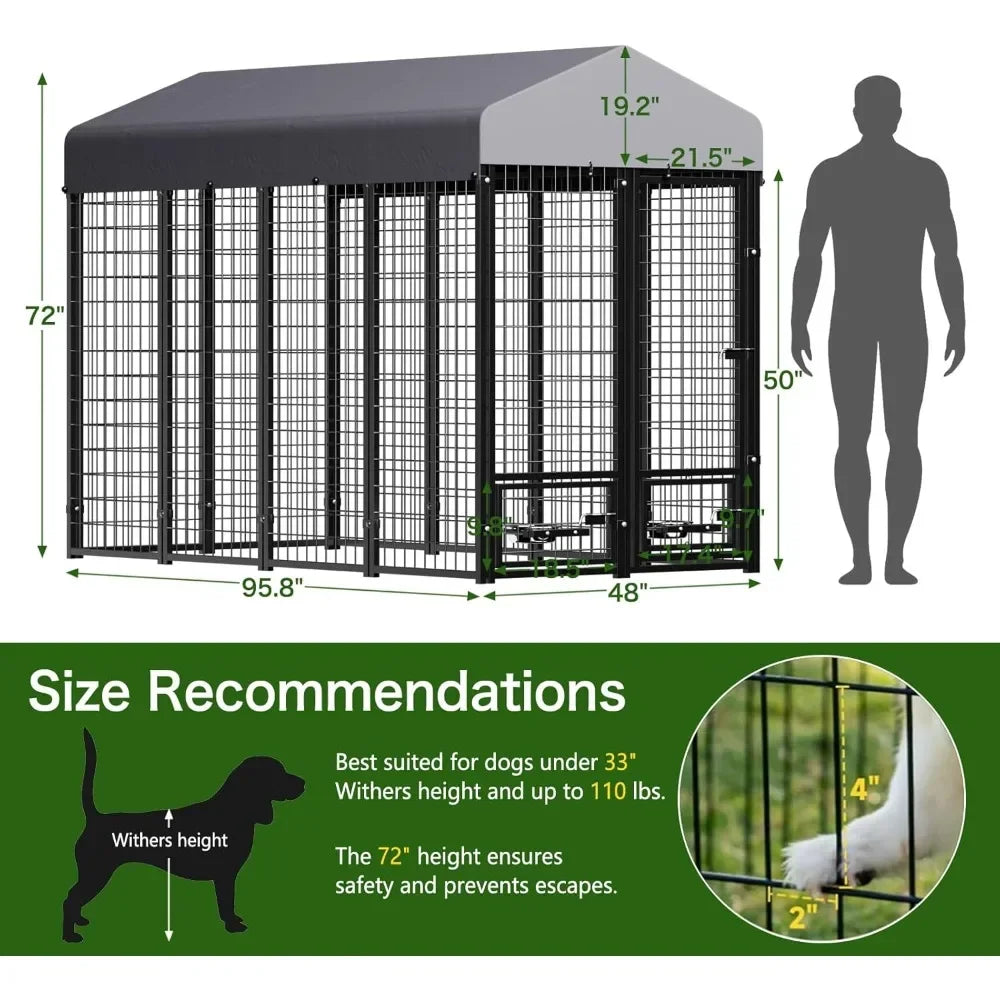 Dog Kennel Outdoor with Roof and Rotating Bowl Holders, Large Metal Dog Enclosure, Heavy Duty Dog House Built