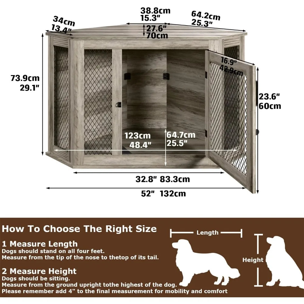 Coner Dog Crate Furniture, 52" Wooden Dog Kennel Furniture End Table with Mesh, Dog Kennel Indoor Furniture for Small Medium