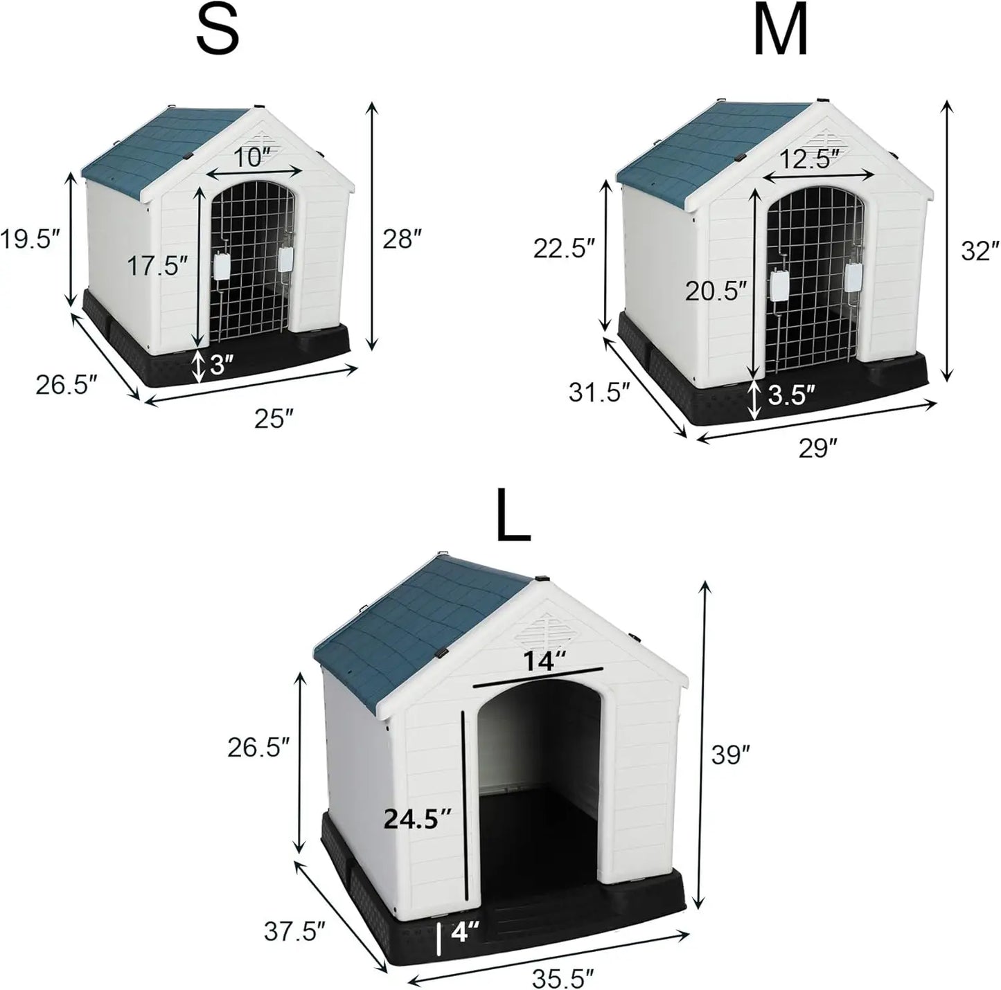 Plastic Outdoor Dog House for Pet Weatherproof Kennel Small to Large Size,Blue & White (L-35.5" L x 37.5" W x 39”H)