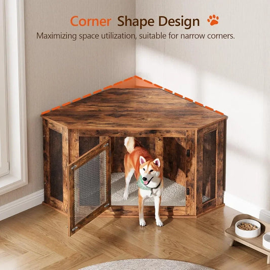 Corner Dog Crate Furniture, Wooden Dog Kennel End Table, Decorative Pet Crate Indoor Use,Dog House for Small Medium Dog