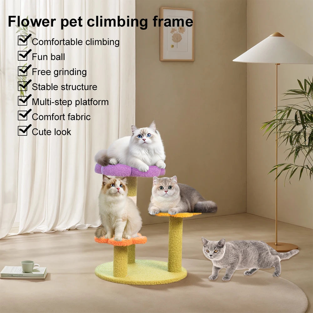 Flower Cat Tree Tower Cute Cat Tree Sisal Wrapped Small Cat Tower Multi-Function Interactive Cat Tower 3 Layer for Kittens