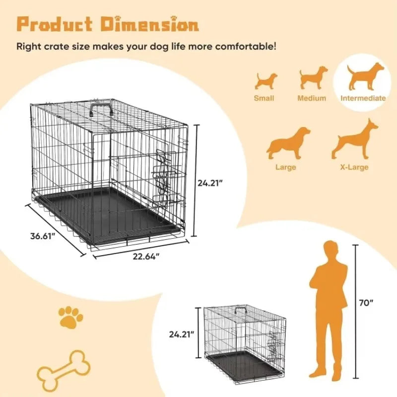 Free Shipping Dog Crate, 36 Inch Medium Double Door Dog Cage with Divider Panel and Plastic Leak-Proof Pan Tray