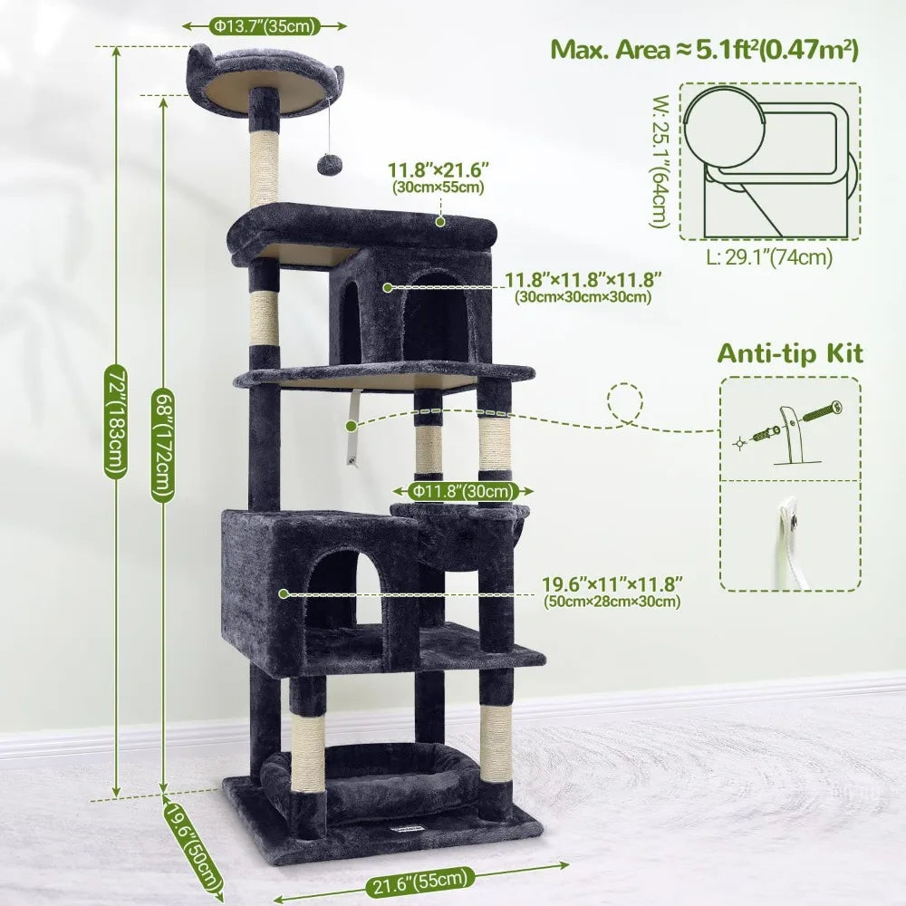 Sturdy Maine Coon Cat Tree for Large Cats Over 20 lbs, 72-inch Heavy Duty Cat Tower
