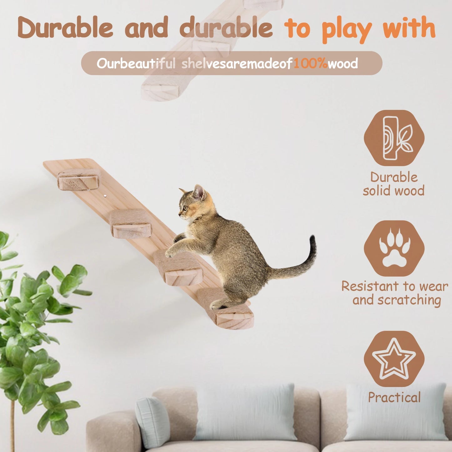 Cat Wall Steps Wooden Cat Climbing Ladder Wall Mounted Cat Climbing Frame for Cats Perch Shelves