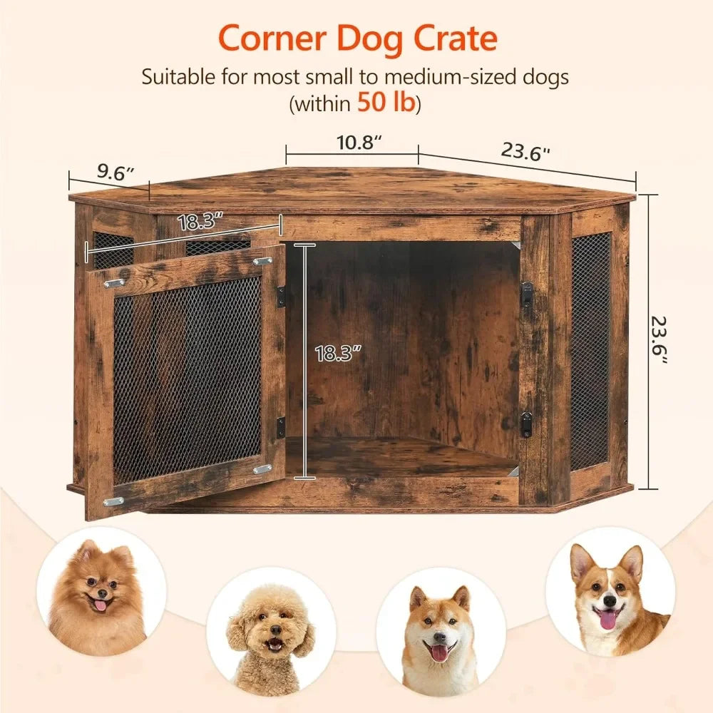 Corner Dog Crate Furniture, Wooden Dog Kennel End Table, Decorative Pet Crate Indoor Use,Dog House for Small Medium Dog