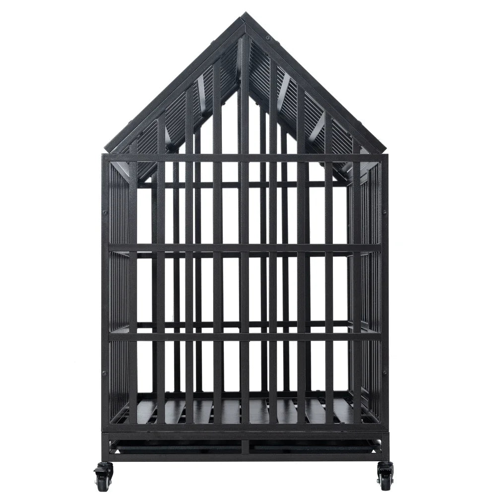 Heavy Duty Dog Cage with Roof Rust-Resistant Steel Locking Casters Feeding Door Ideal for Medium & Large Dogs Dog House Kennel