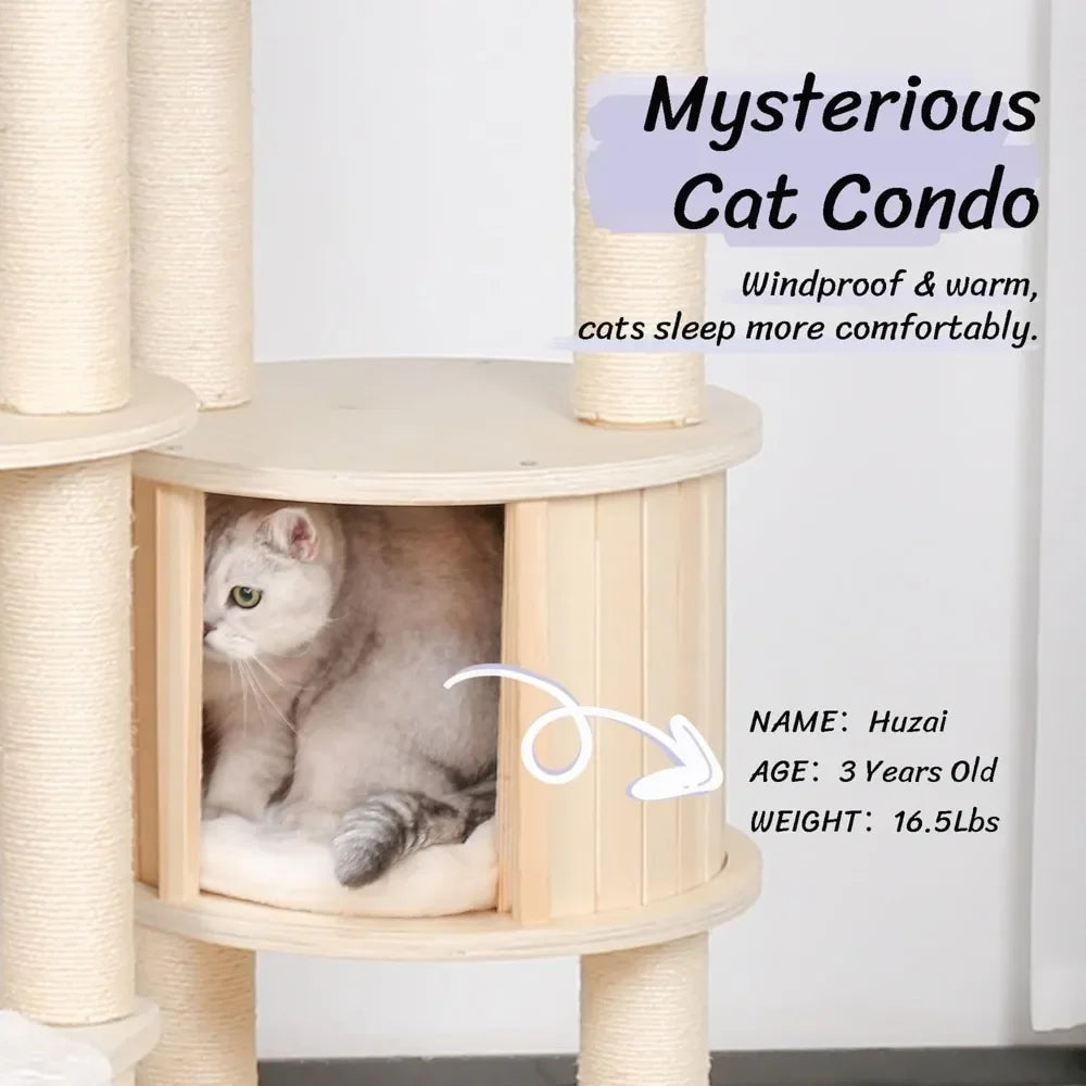 64" Tall Cat Tree - Wooden Cat Trees Tower with Cats Condo, Hammock & Top Perch, Modern Tall Cats Tree w/Natural Sisal Po