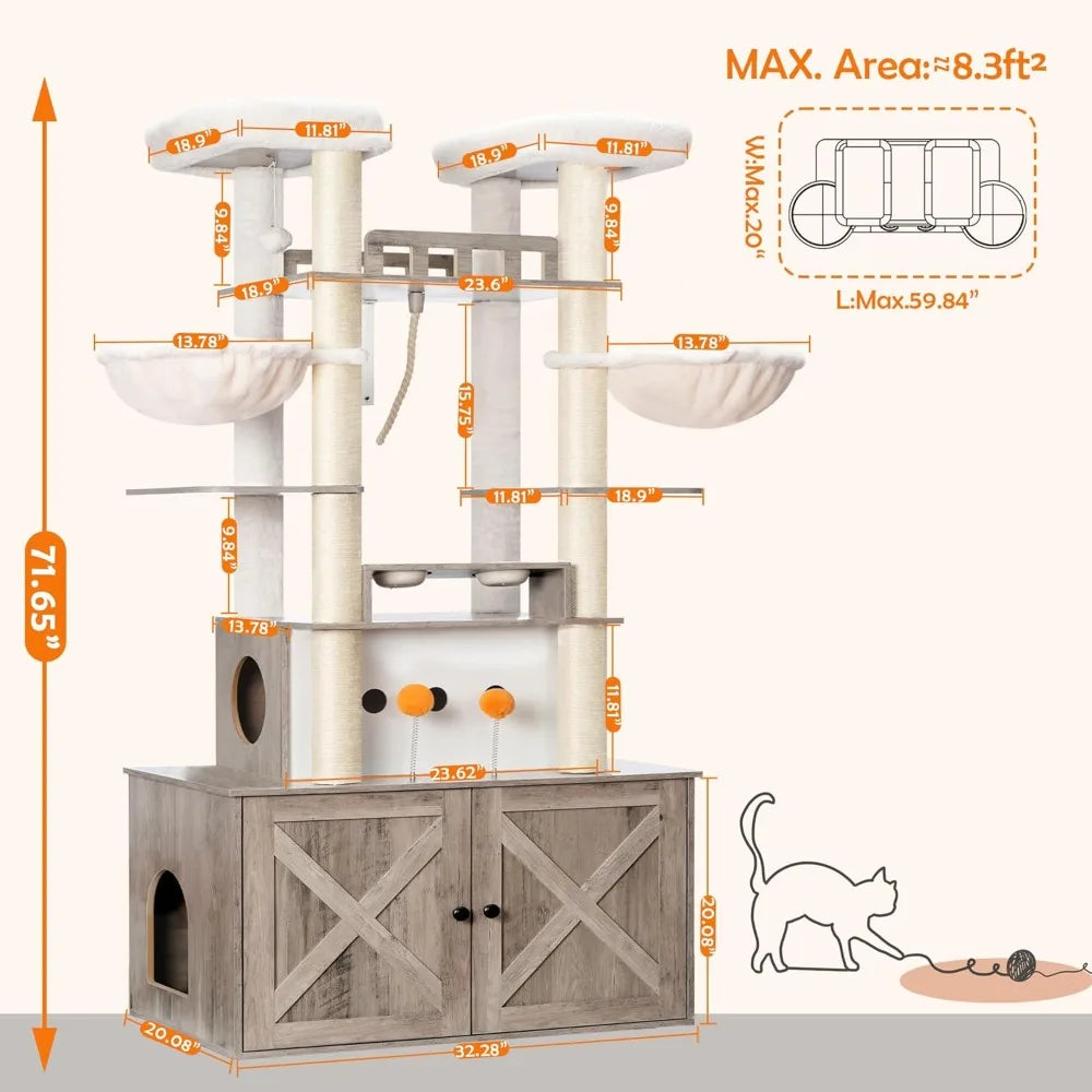 Cat Tree for Maine Coon with Litter Box Enclosure, 72-inch Wooden Cat Tower for Indoor Cats Large Adult, Big Condo