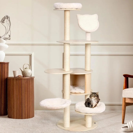 64" Tall Cat Tree - Wooden Cat Trees Tower with Cats Condo, Hammock & Top Perch, Modern Tall Cats Tree w/Natural Sisal Po