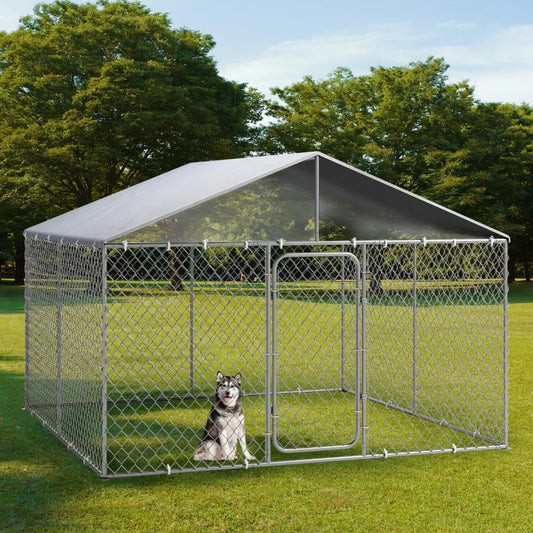 10×10FT Outdoor Dog Kennel, Extra Large Dog Run Fence House Big Cage Pen Enclosure, Heavy Duty Chain Link Dog Kennel with Lock
