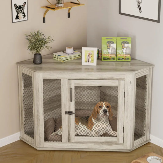 44inch Corner Dog Crate Furniture,Wooden Dog Kennel Furniture with Mesh,Decorative Wood Dog House for Indoor use