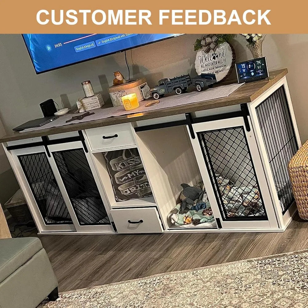 Extra Large Dog Crate Furniture, 85" Sliding Door Double Kennel for 2 Large Dogs Divided, Heavy Duty Wooden Dog Crate Kennel Fur