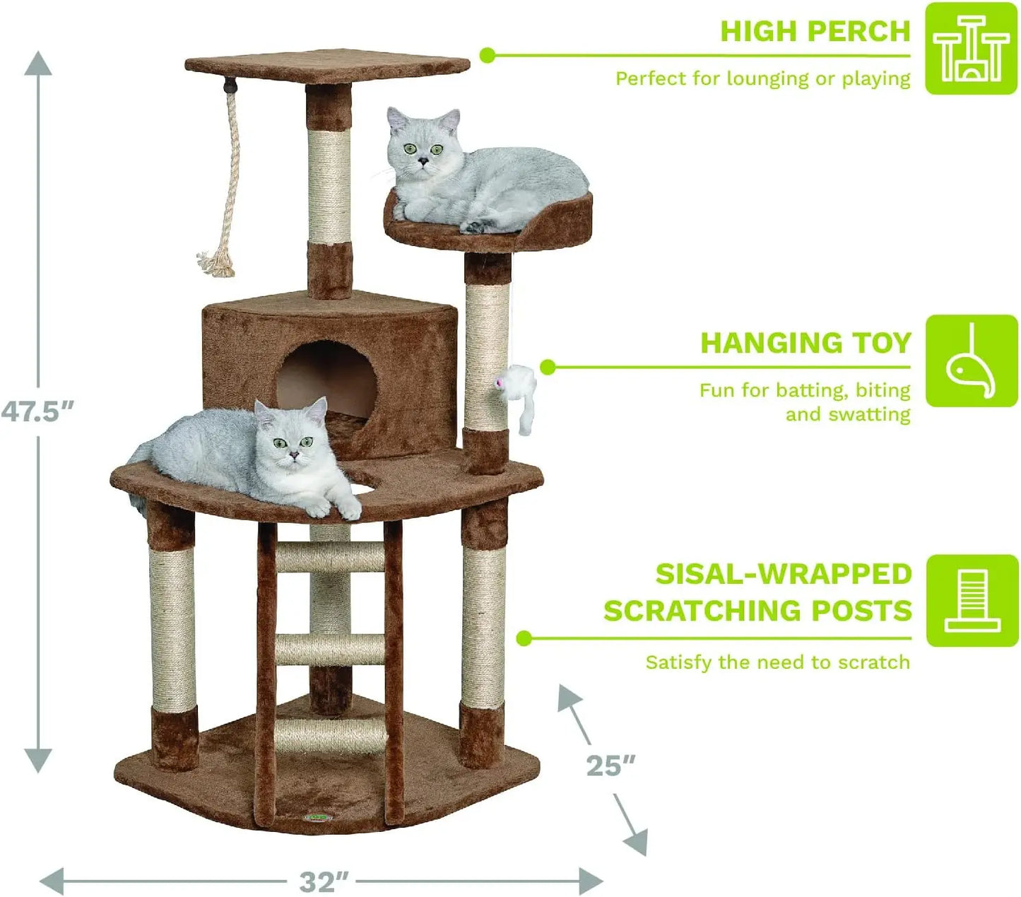 Go Pet Club 48" Corner Cat Tree Kitty Condo Kitten Tower Furniture with Multiple Scratching Posts, Sisal Covered Ladder, Plush C