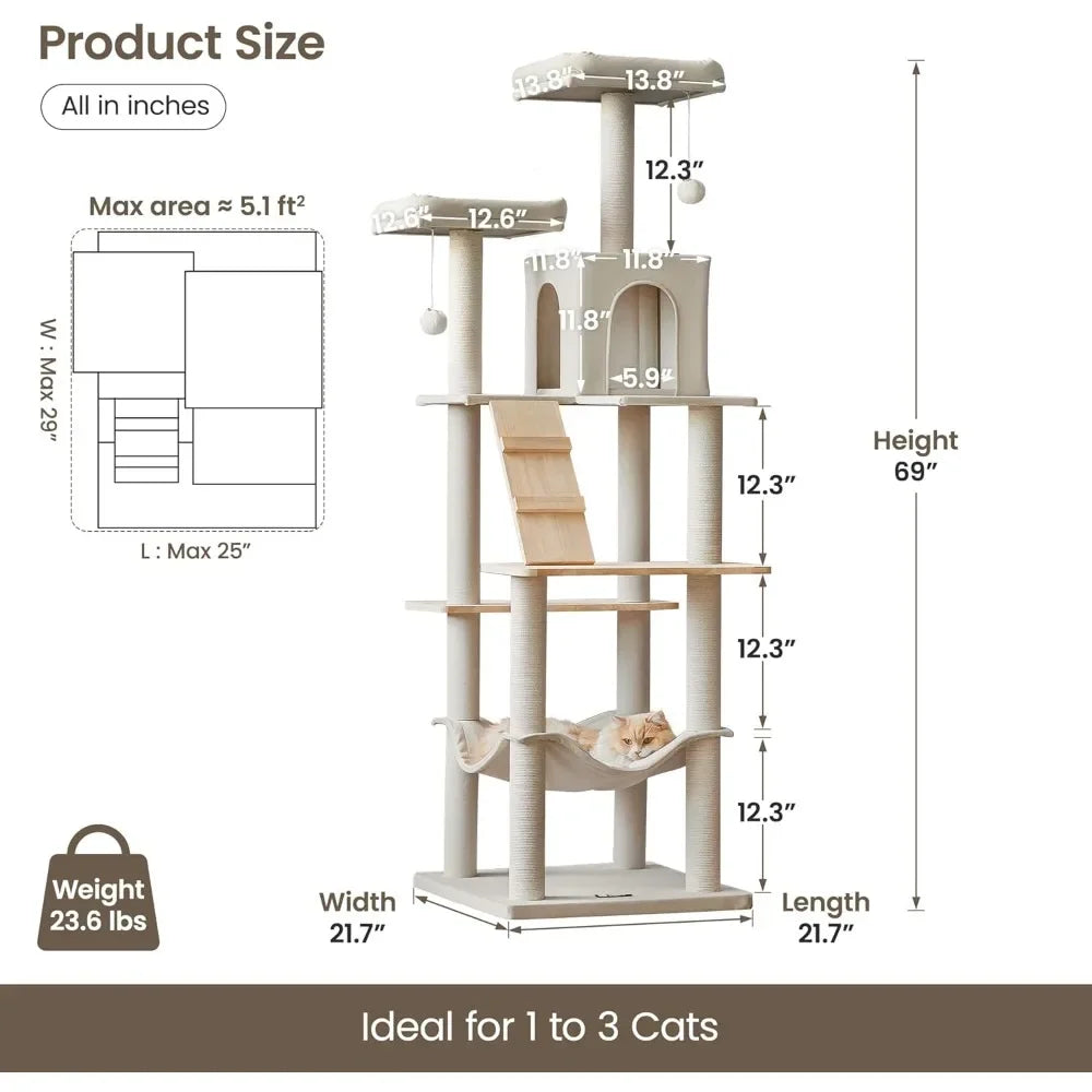 Large Modern Cat Tree, 70.1-Inch Wood Cat Tower for Indoor Cats, Multi-Level Kitty Condo with 2 Plush Perches, Hammock & Scratch