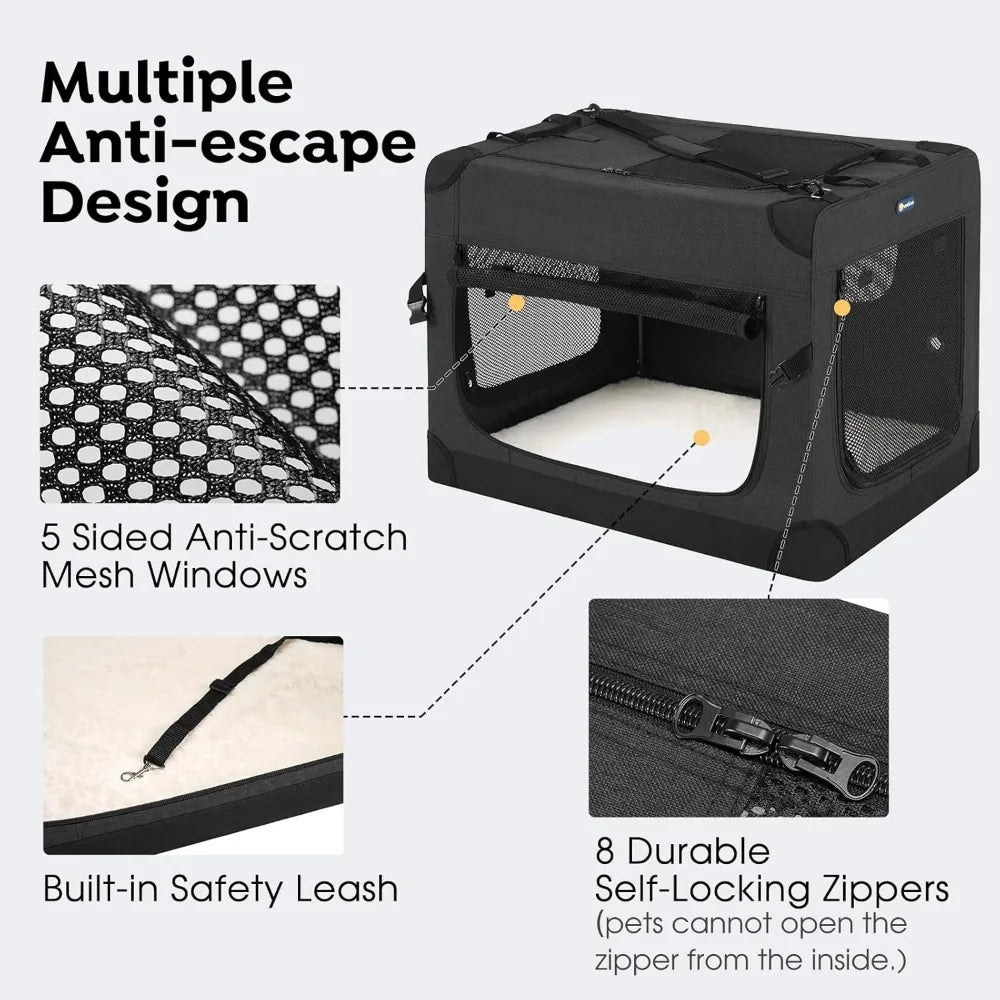 36 inch Folding Soft Dog Crate, 4-Door Portable Collapsible Pet Kennel Travel Dog Crate for Large Dogs, 5 x Durable Mesh Screen