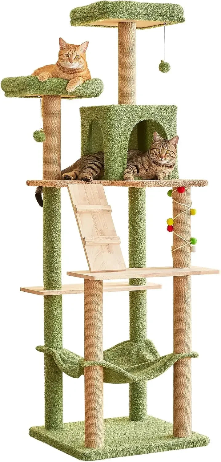 Large Modern Cat Tree, 70.1-Inch Wood Cat Tower for Indoor Cats, Multi-Level Kitty Condo with 2 Plush Perches, Hammock & Scratch
