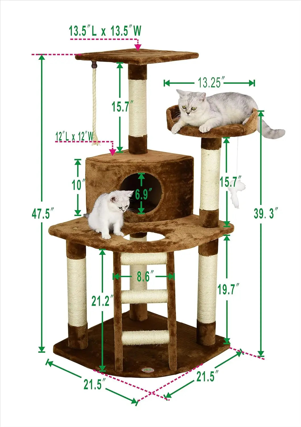 Go Pet Club 48" Corner Cat Tree Kitty Condo Kitten Tower Furniture with Multiple Scratching Posts, Sisal Covered Ladder, Plush C