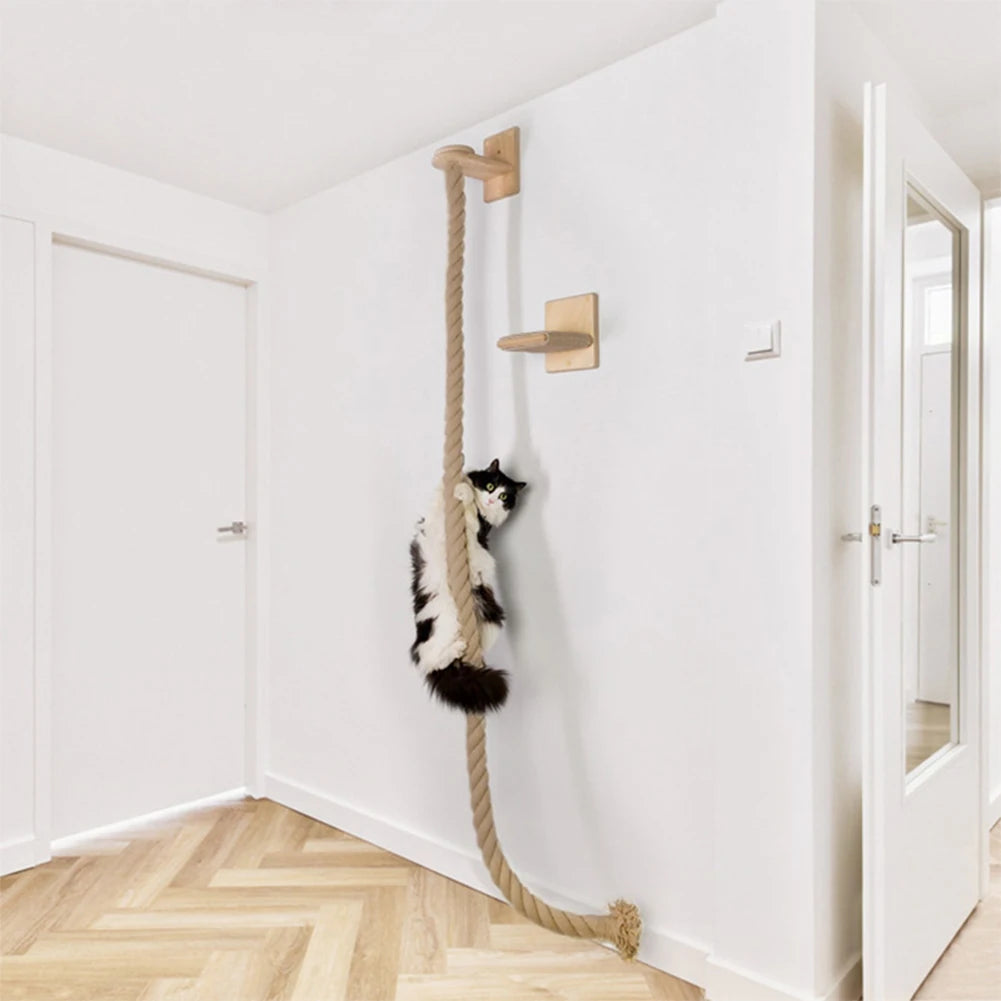 Cat Climbing Rope with Wood Platform Climbing Training Rope Wall Mounted Rope for Cat Furniture Scratcher Play Equipment